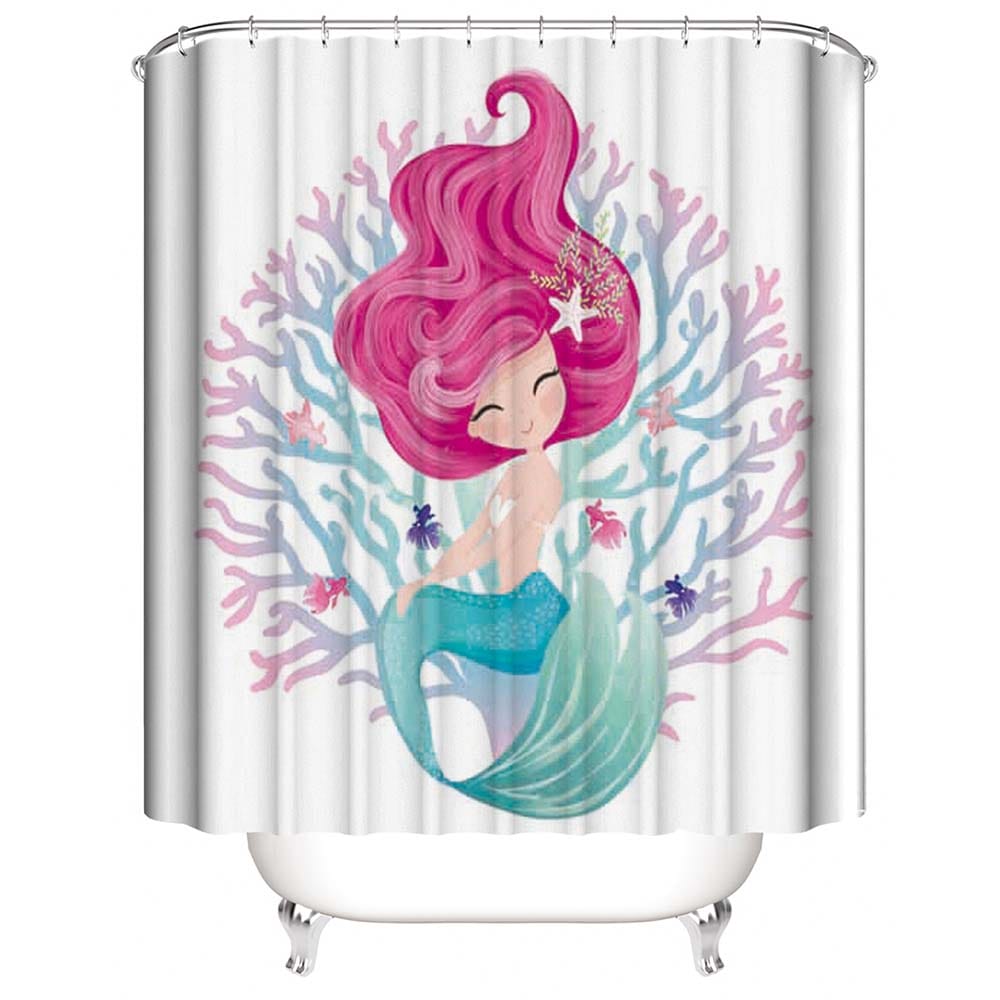 Cartoon Coral and Mermaid Shower Curtain, Waterproof, Girlish Bathroom Decor