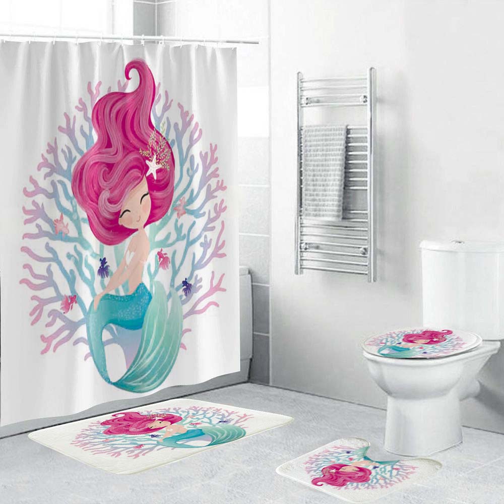 Cartoon Coral and Mermaid Shower Curtain, Waterproof, Girlish Bathroom Decor
