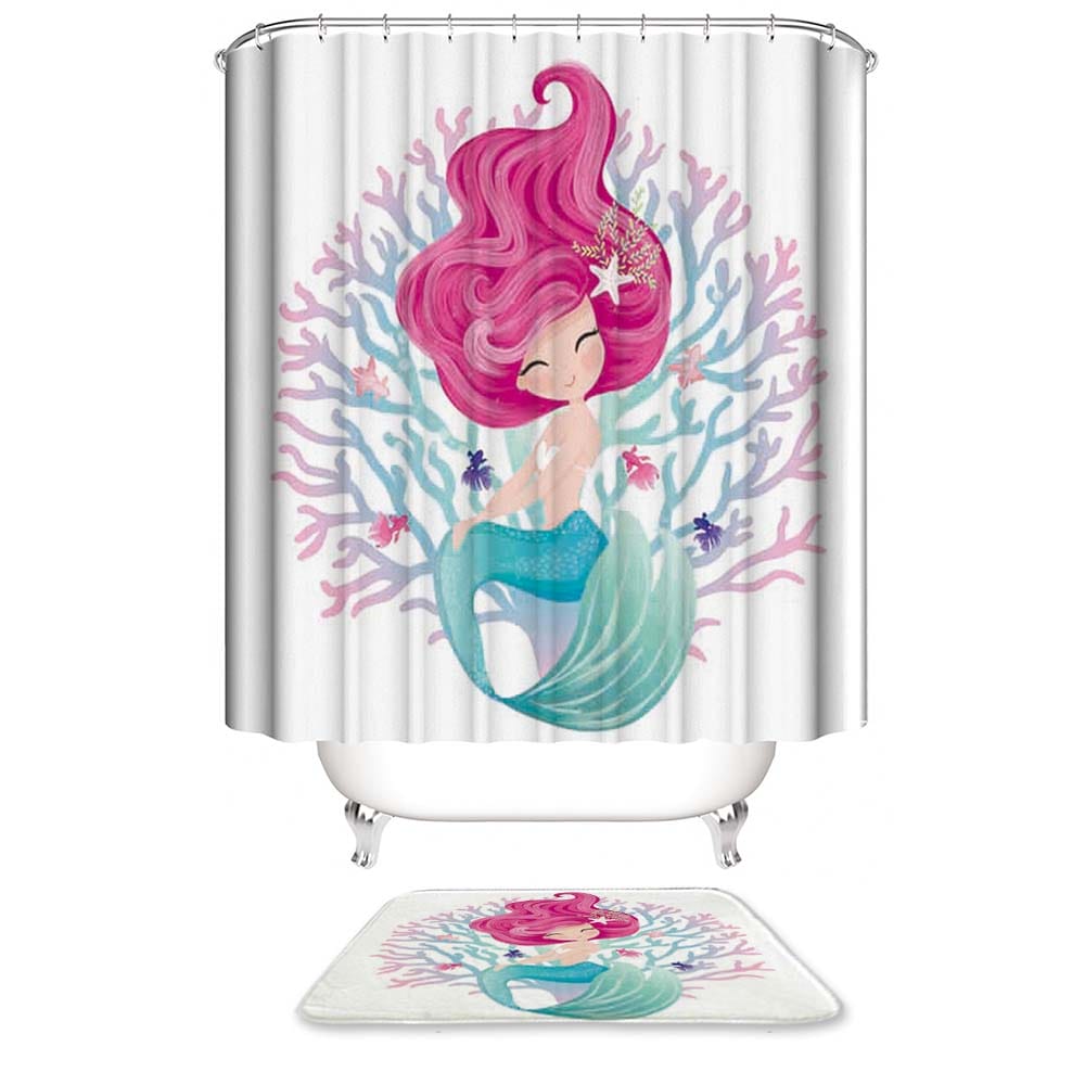 Cartoon Coral and Mermaid Shower Curtain, Waterproof, Girlish Bathroom Decor