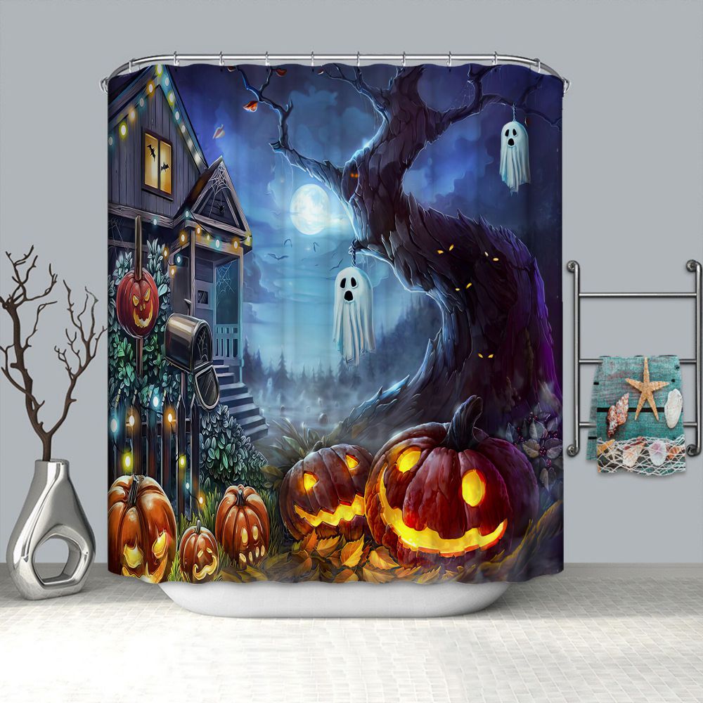 Cartoon Horror House Treant Halloween Pumpkin Shower Curtain | Cartoon Horror House Halloween Shower Curtain