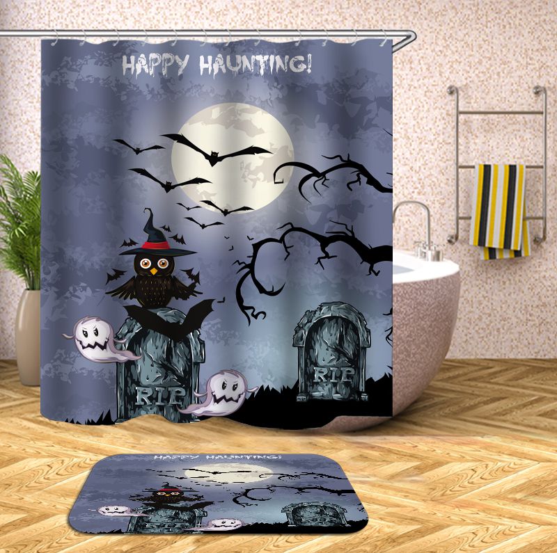 Cartoon Owl Ghost Halloween Graveyard Shower Curtain | Cartoon Halloween Graveyard Bathroom Curtain