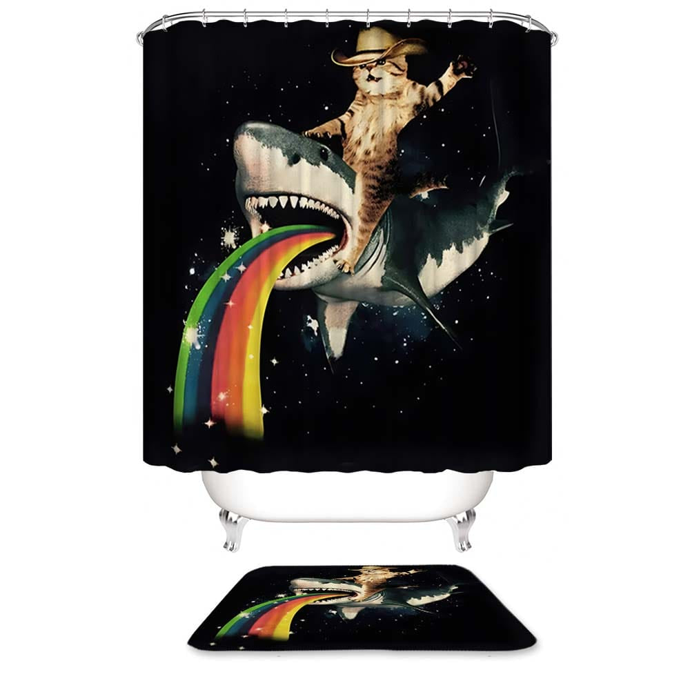 Cat Riding Shark Shower Curtain, Funny Cat Rainbows Shark Bathroom Curtain