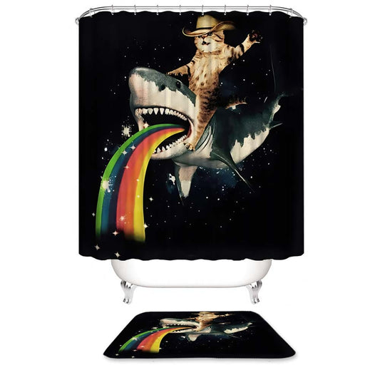 Cat Riding Shark Shower Curtain, Funny Cat Rainbows Shark Bathroom Curtain