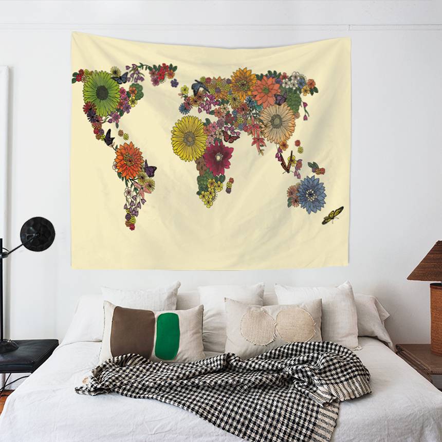 Colorful Chrysanthemum Floral World Map Tapestry | Colorful Chrysanthemum World Map Tapestry