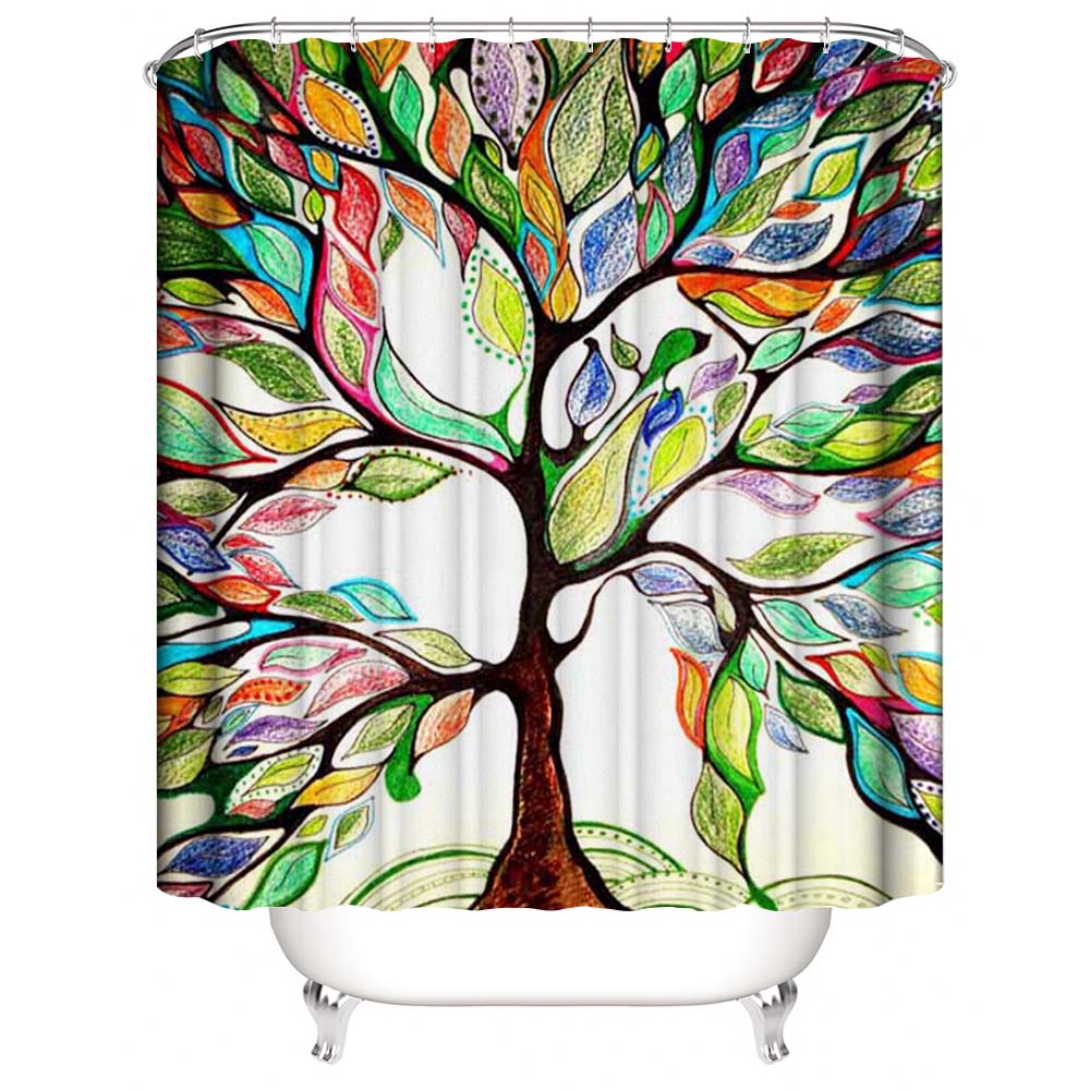 Crayon Style Tree of Life Shower Curtain, Colorful Tree Plant Style Bathroom Decor