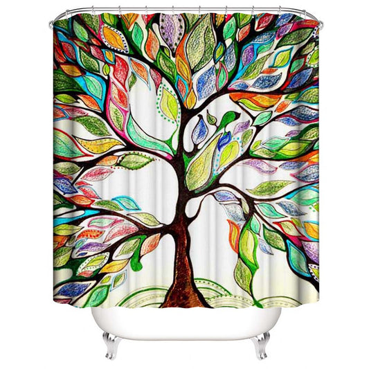 Crayon Style Tree of Life Shower Curtain, Colorful Tree Plant Style Bathroom Decor
