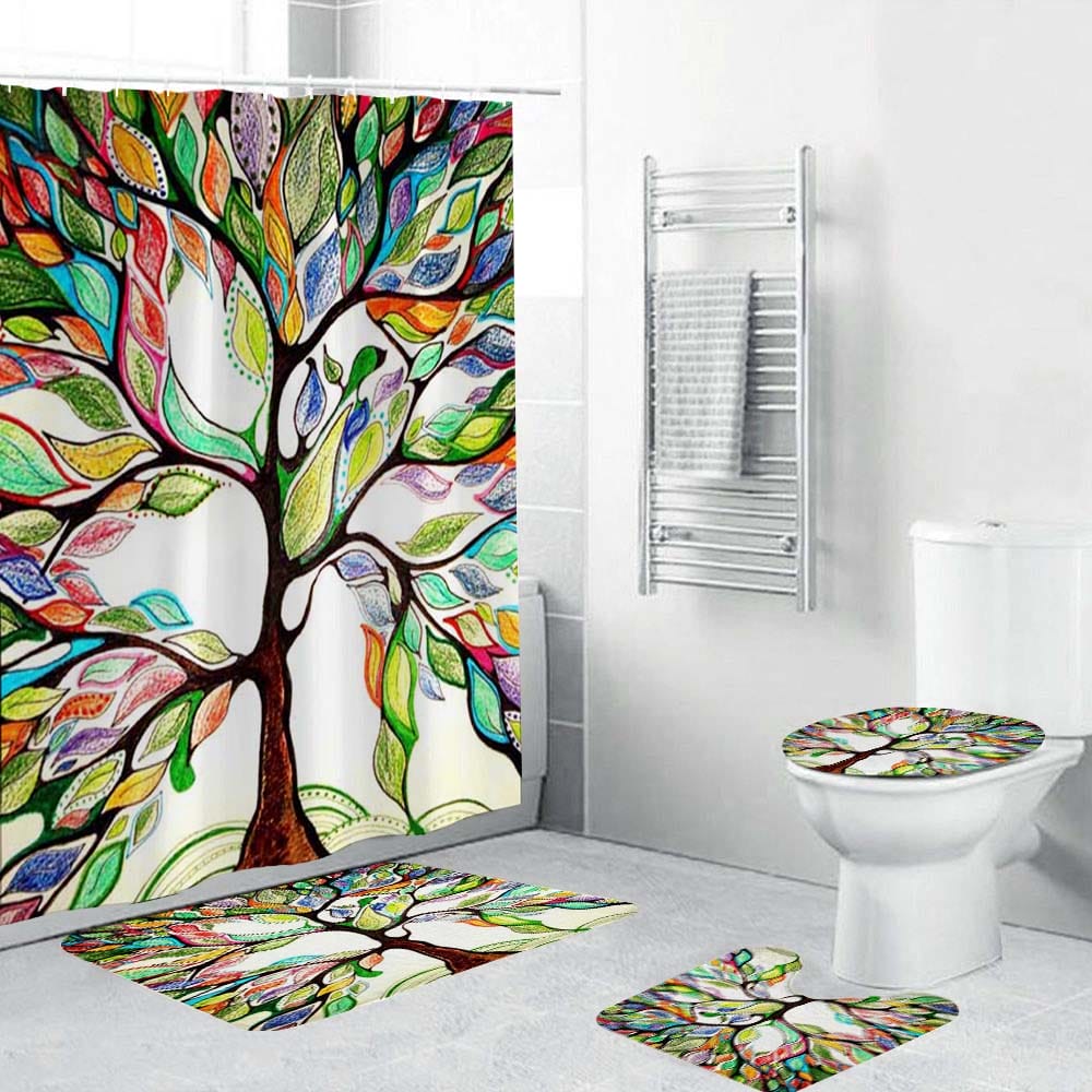 Crayon Style Tree of Life Shower Curtain, Colorful Tree Plant Style Bathroom Decor