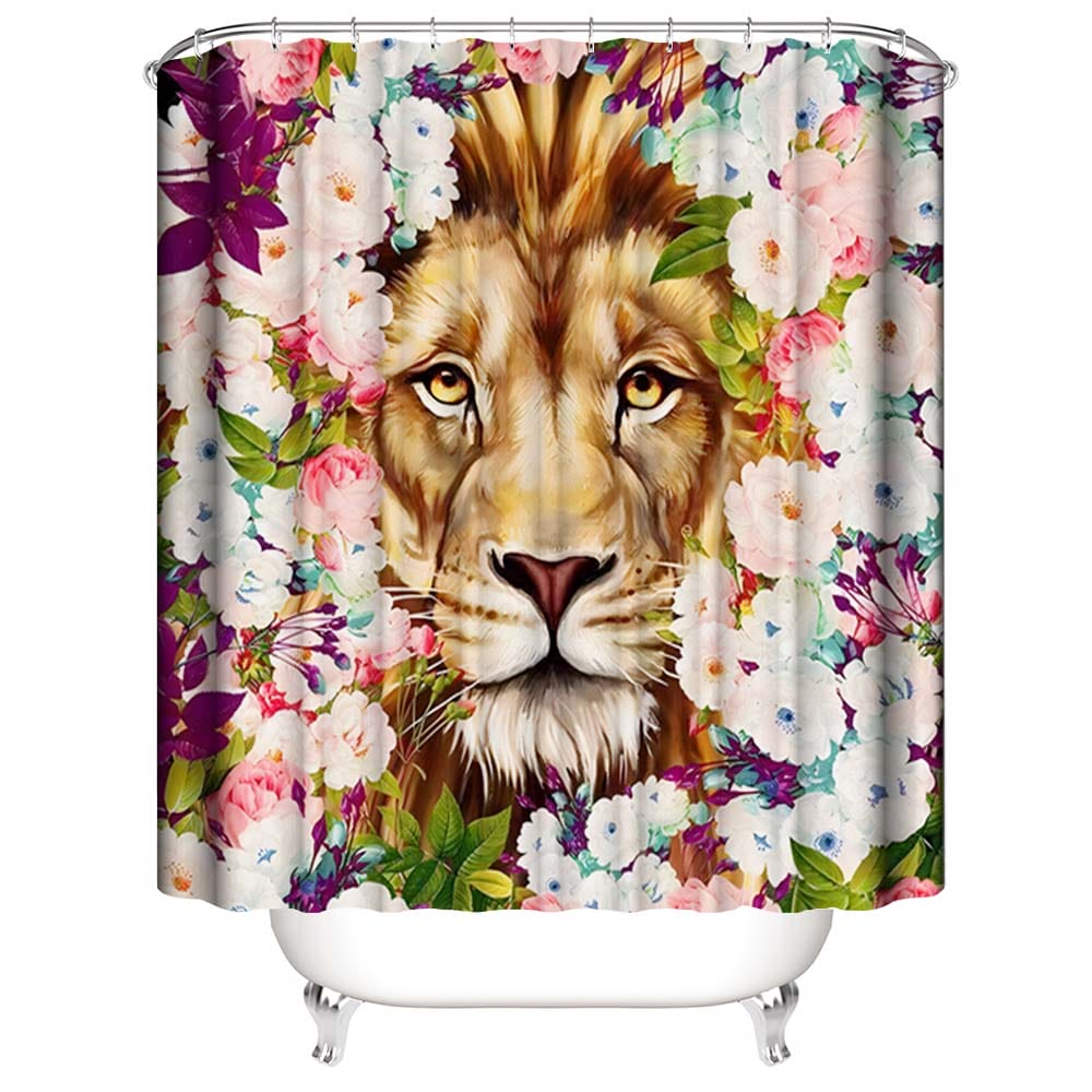 Colorful Flowers Lion Shower Curtain, Good Idea for Decor The Bathroom of Animal Style