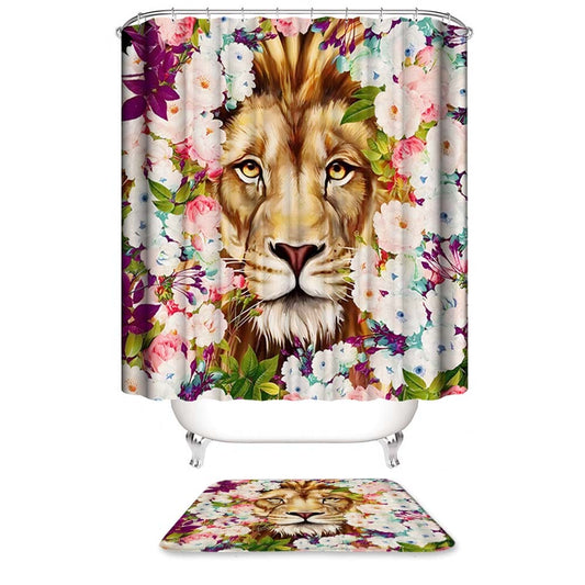 Colorful Flowers Lion Shower Curtain, Good Idea for Decor The Bathroom of Animal Style