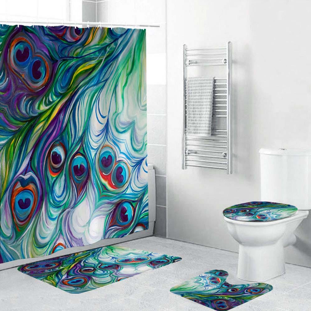 Peacock Feather Shower Curtain, Colorful Hand Painting Bird Tail Style Bathroom Decor