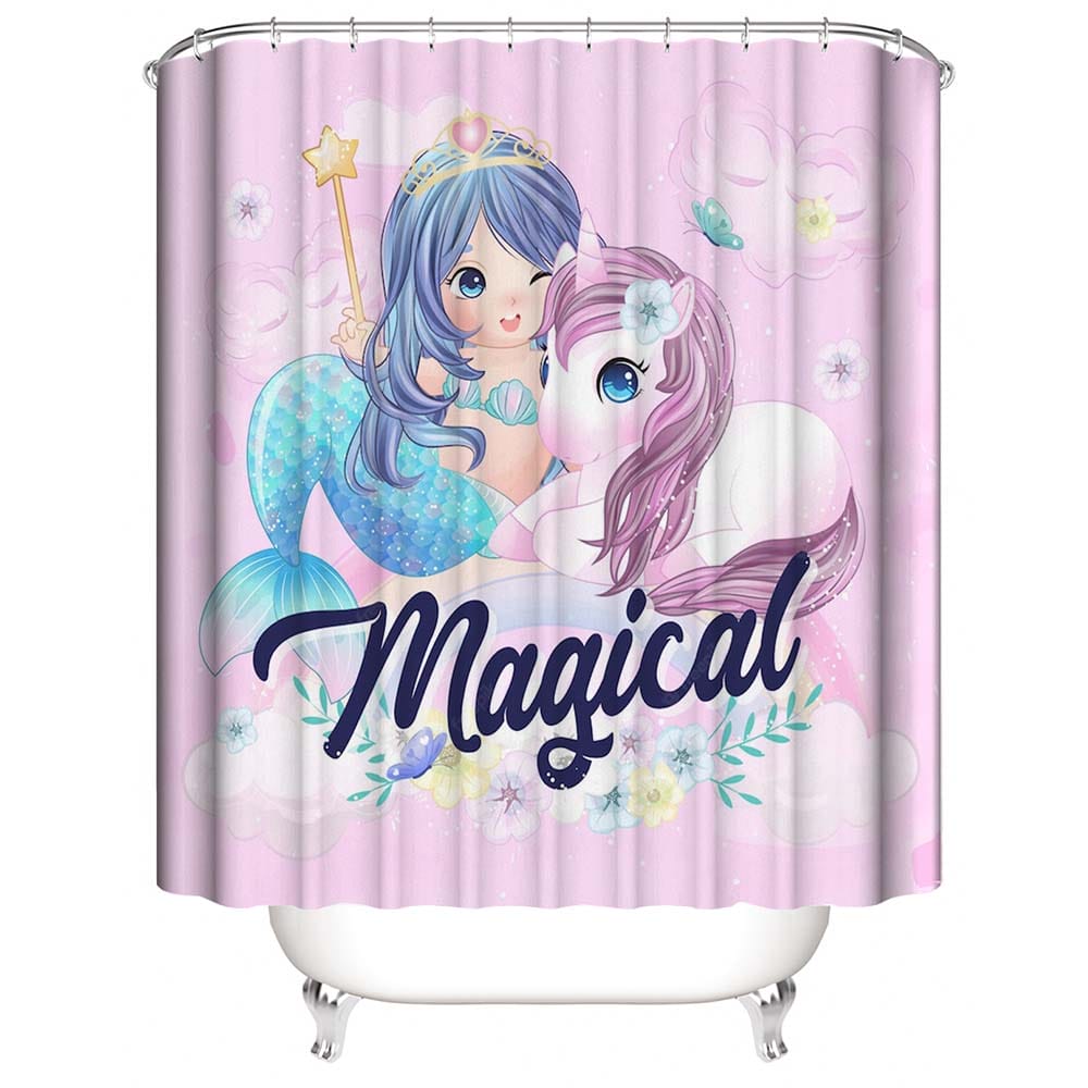 Cute Pink Magical Unicorn Mermaid Shower Curtain | Unicorn and Mermaid Bathroom Curtain