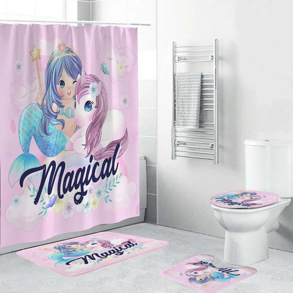 Cute Pink Magical Unicorn Mermaid Shower Curtain | Unicorn and Mermaid Bathroom Curtain