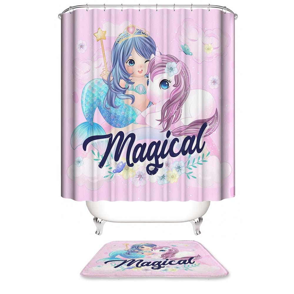 Cute Pink Magical Unicorn Mermaid Shower Curtain | Unicorn and Mermaid Bathroom Curtain