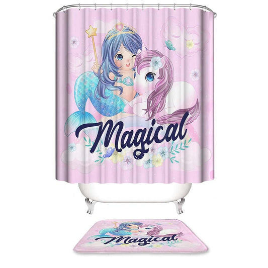 Cute Pink Magical Unicorn Mermaid Shower Curtain | Unicorn and Mermaid Bathroom Curtain