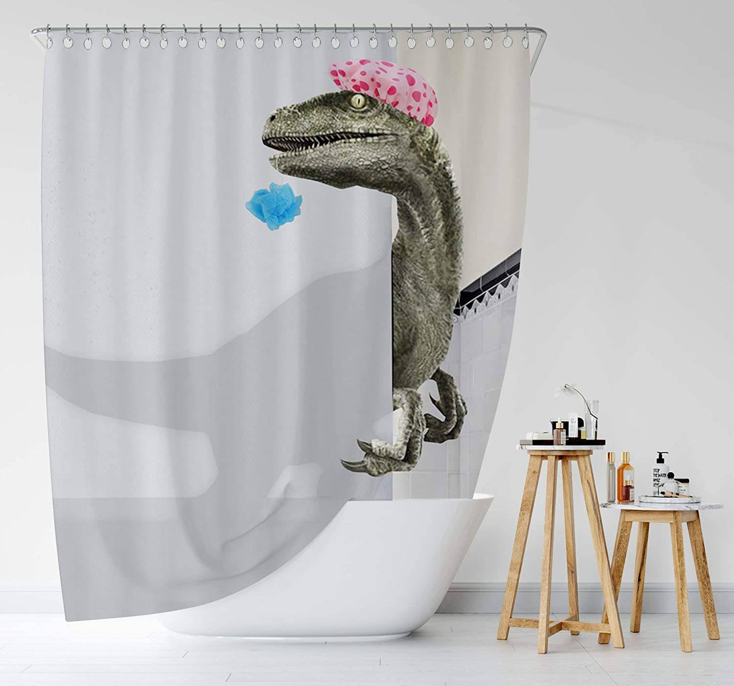 Funny Shower Cap Dinosaur Velociraptor Shower Curtain