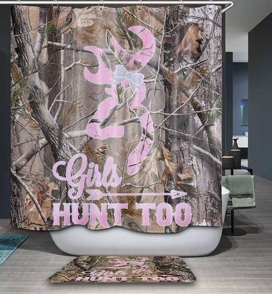 Girl Hunt Too Text Forest Camouflage Pink Camo Shower Curtain