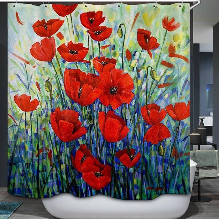Oil Painting Floral Red Poppies Shower Curtain