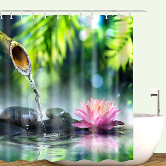 Calm Nature Bamboo Canal Water Lotus Shower Curtain
