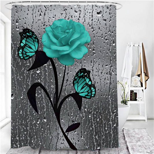 Water Drops Window Butterfly Colors Rose Shower Curtain | Butterfly Rose Bathroom Curtain