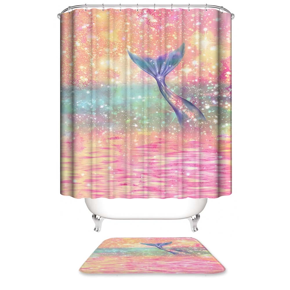 Mermaid Tail Shower Curtain, Dreamy Glitter Pink Mermaid Style Bathroom Decor