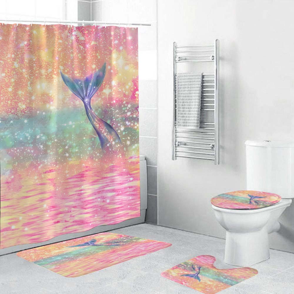 Mermaid Tail Shower Curtain, Dreamy Glitter Pink Mermaid Style Bathroom Decor