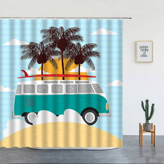 Cartoon Style Palm Trees Vacation Travel Bus Shower Curtain | Palm Travel Bathroom Curtain