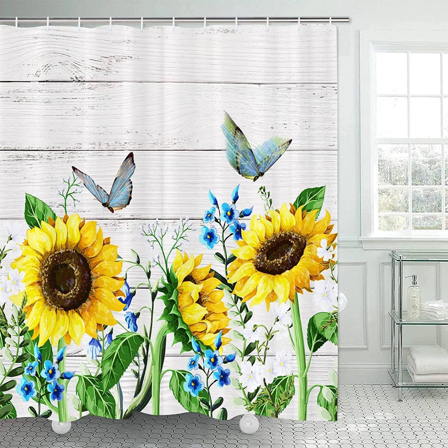 Blue Butterflies Forget Me Not Sunflower Farm Shower Curtain