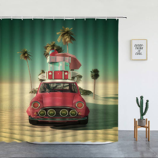 Red Car Desert Travel Shower Curtain | Woman Travel Bathroom Curtain