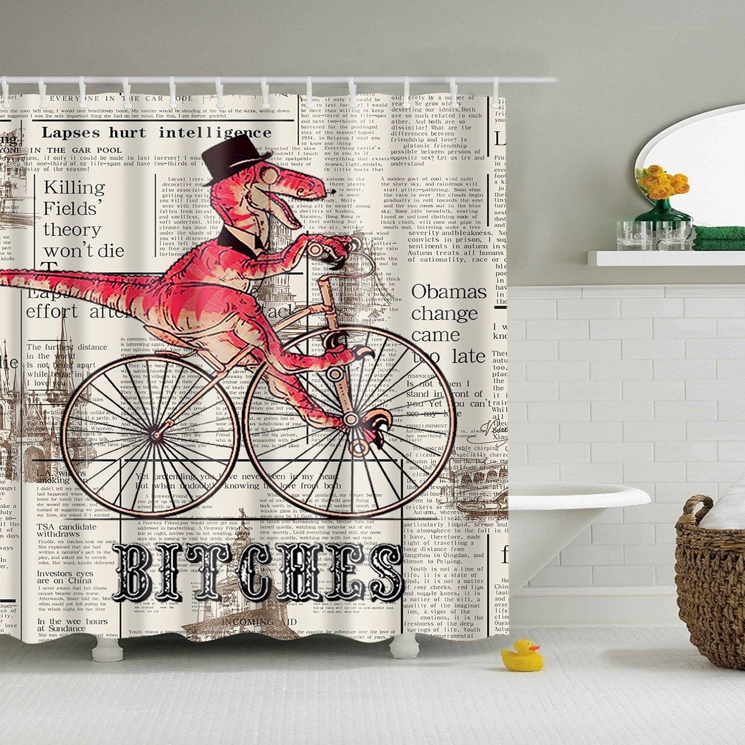 Vintage Newspaper Bitches Fantasy Dinosaur Riding Bike Shower Curtain