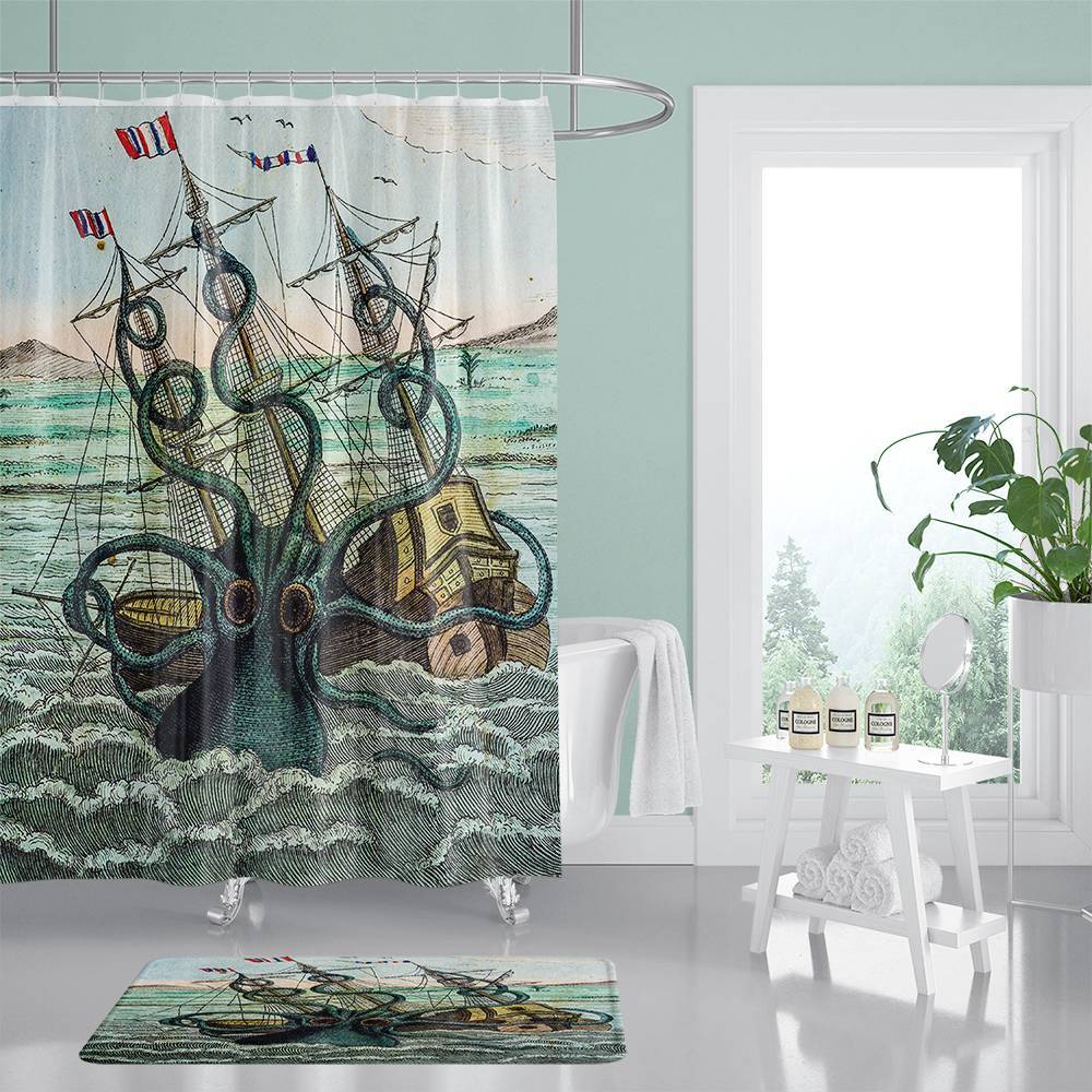 Giant Octopus Kraken Attacking Ship Shower Curtain | Giant Octopus Attacking Ship Shower Curtain