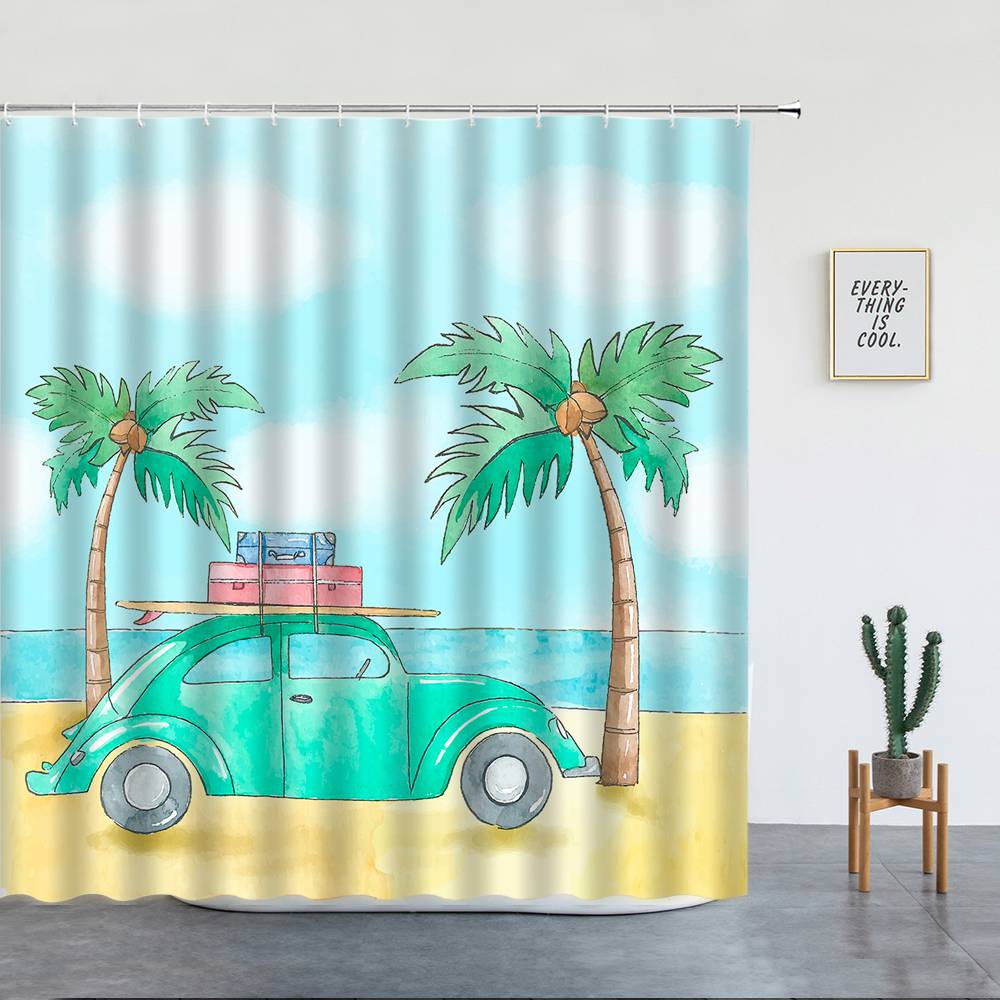 Watercolor Palm Trees Green Travel Car Shower Curtain | Palm Trees Travel Bathroom Curtain