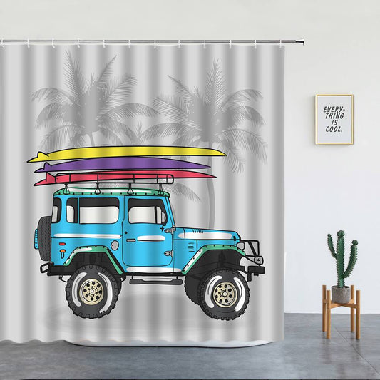 Palm Trees Summer Travel Surf Blue Off-roader Shower Curtain | Travel Surf Off-roader Bathroom Curtain