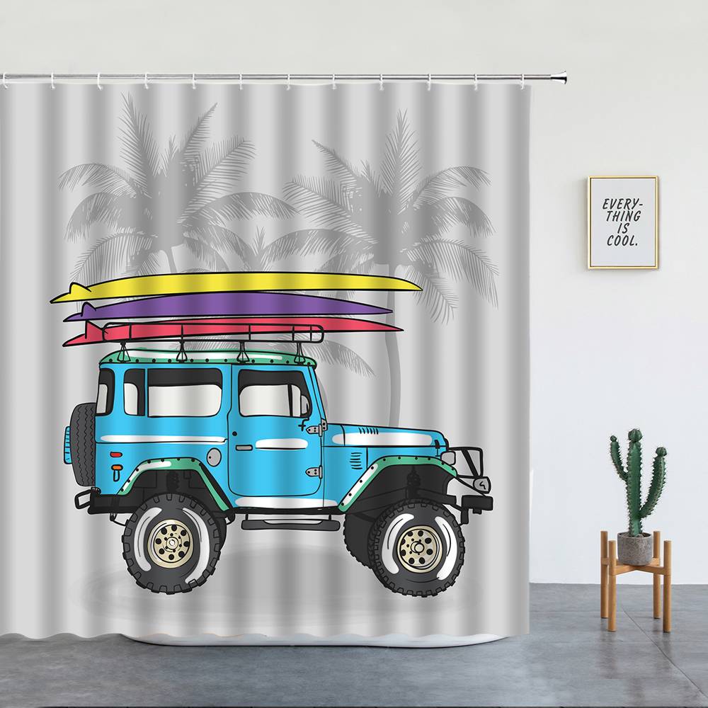 Palm Trees Summer Travel Surf Blue Off-roader Shower Curtain | Travel Surf Off-roader Bathroom Curtain