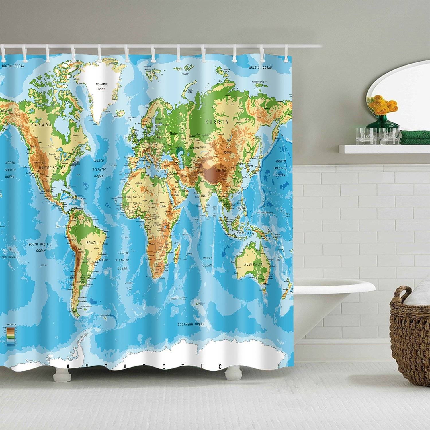 World Map Shower Curtain, A Colorful Map of The World Bathroom Curtain