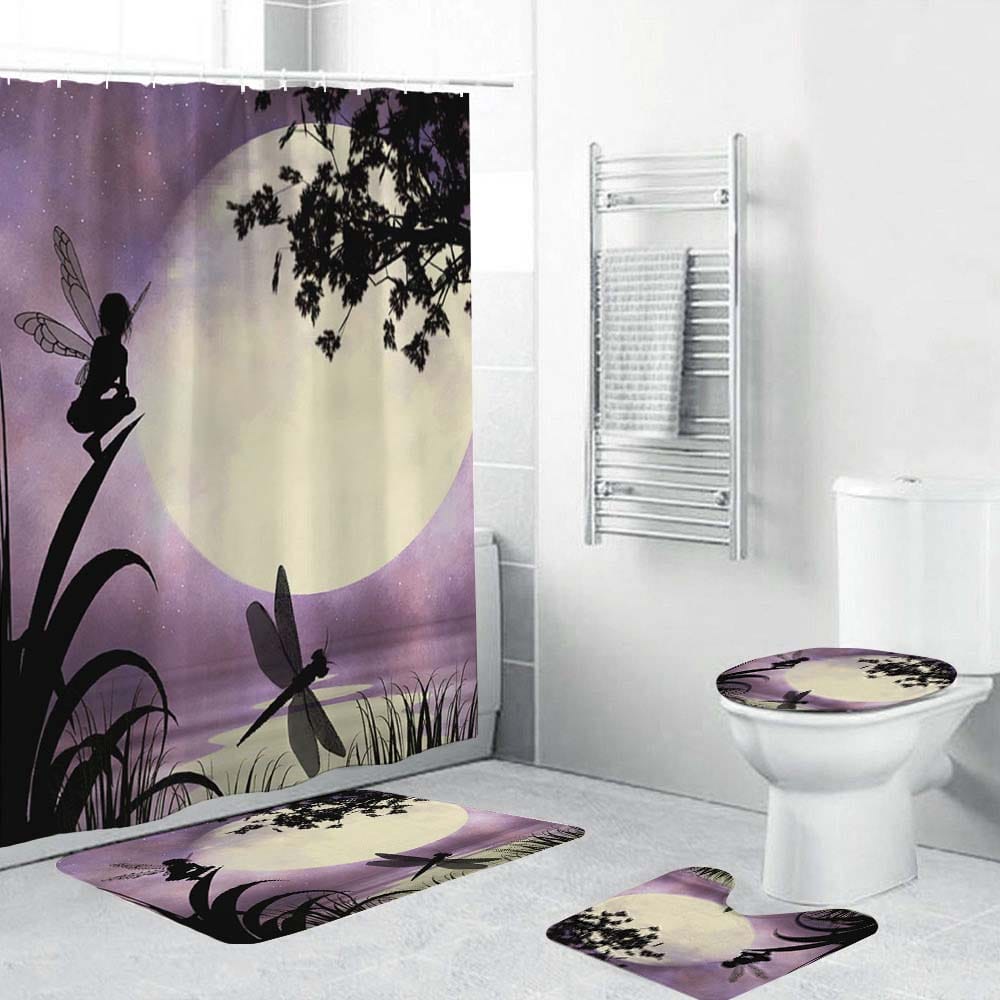Fairy and Dragonfly with An Purple Moon Shower Curtain, Fantasy Purple Moonlight Elf Style Bathroom Decor