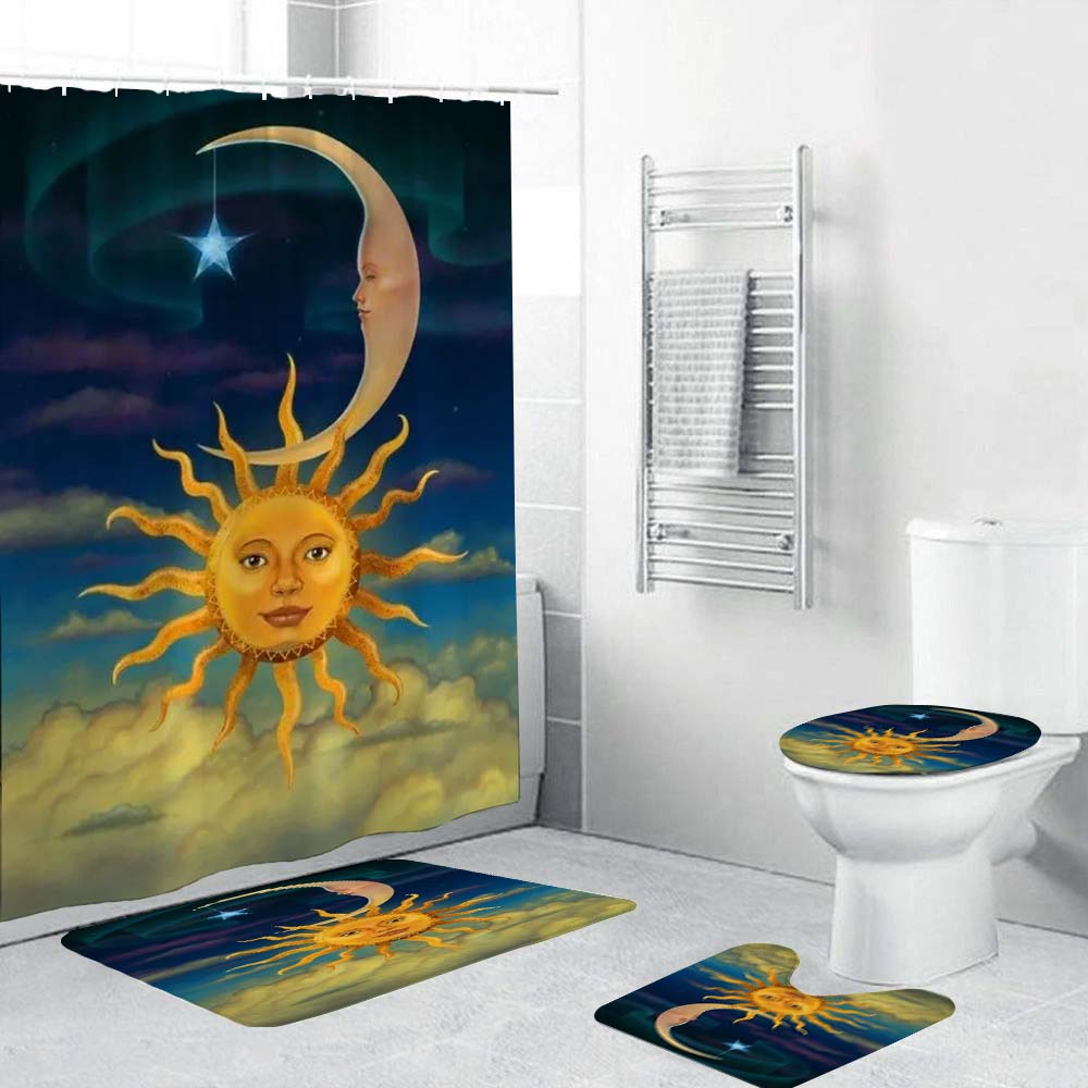 Celestial Sun and Moon Shower Curtain, Vintage Cartoon Fantasy Face Moon Sun Style Bathroom Curtain