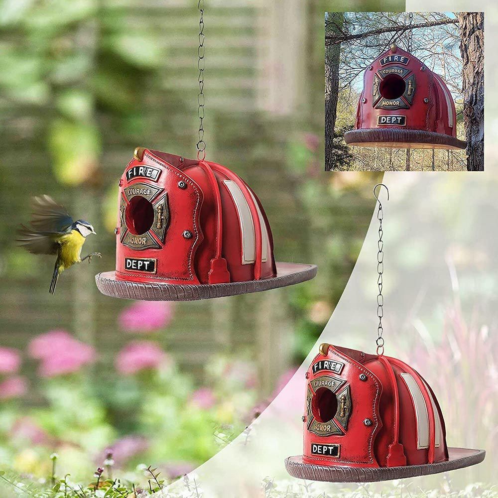 Retro Red Fire Helmet Birdhouse | Locomotive Bird Feeder