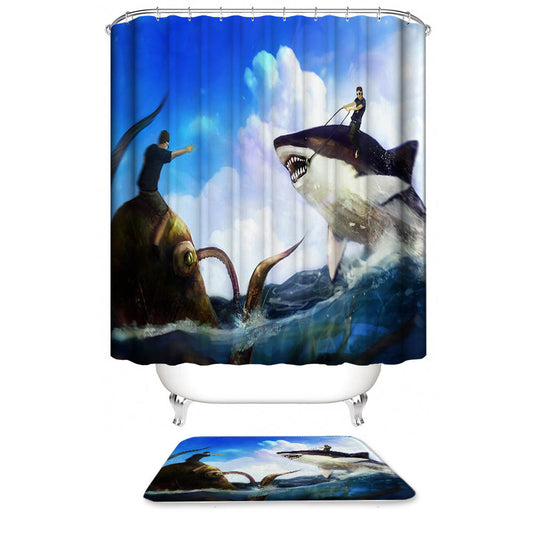 Funny Cartoon Human Ride Kraken Battle with Shark Shower Curtain | Octopus Battle with Shark Bathroom Curtain