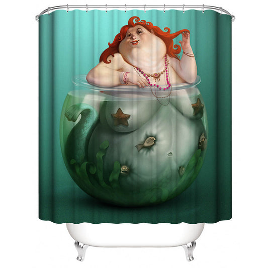 Fish Tank Fat Mermaid Shower Curtain, Funny Mermaid Bathroom Decor