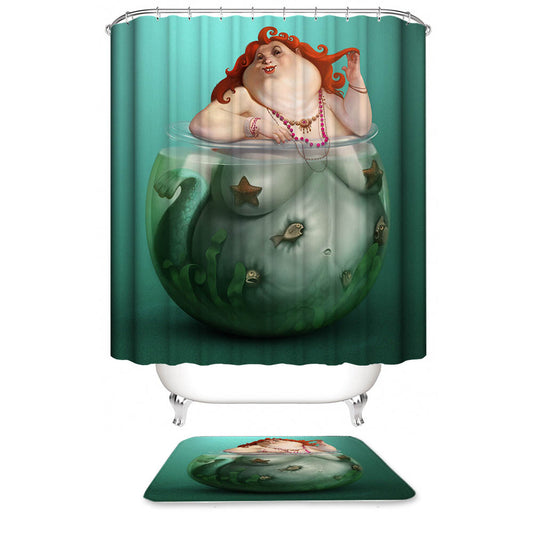 Fish Tank Fat Mermaid Shower Curtain, Funny Mermaid Bathroom Decor