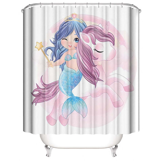 Girlish Pink Mermaid Unicorn Shower Curtain, Waterproof, Girlish Bathroom Decor