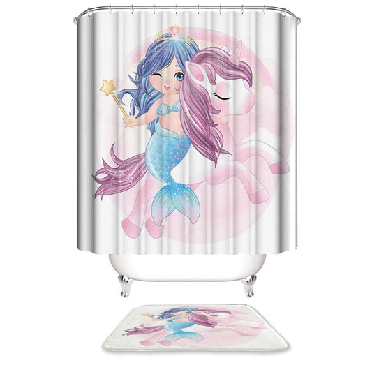 Girlish Pink Mermaid Unicorn Shower Curtain, Waterproof, Girlish Bathroom Decor