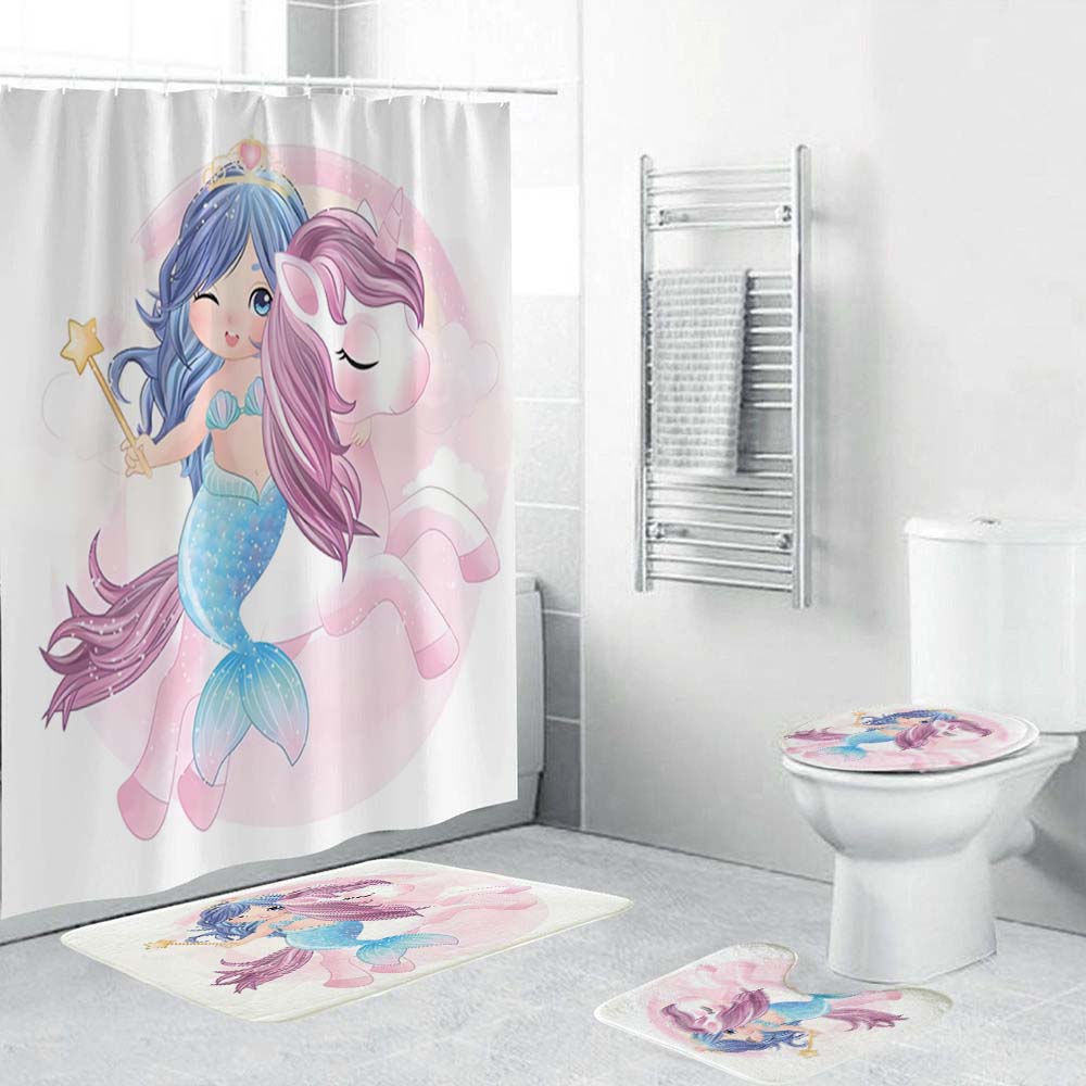 Girlish Pink Mermaid Unicorn Shower Curtain, Waterproof, Girlish Bathroom Decor
