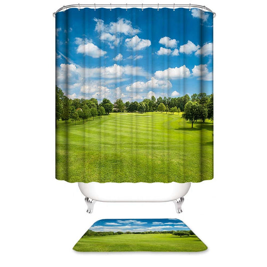 Green Golf Field and Blue Cloudy Sky Sunny Golf Course Shower Curtain | Golf Course Shower Curtain