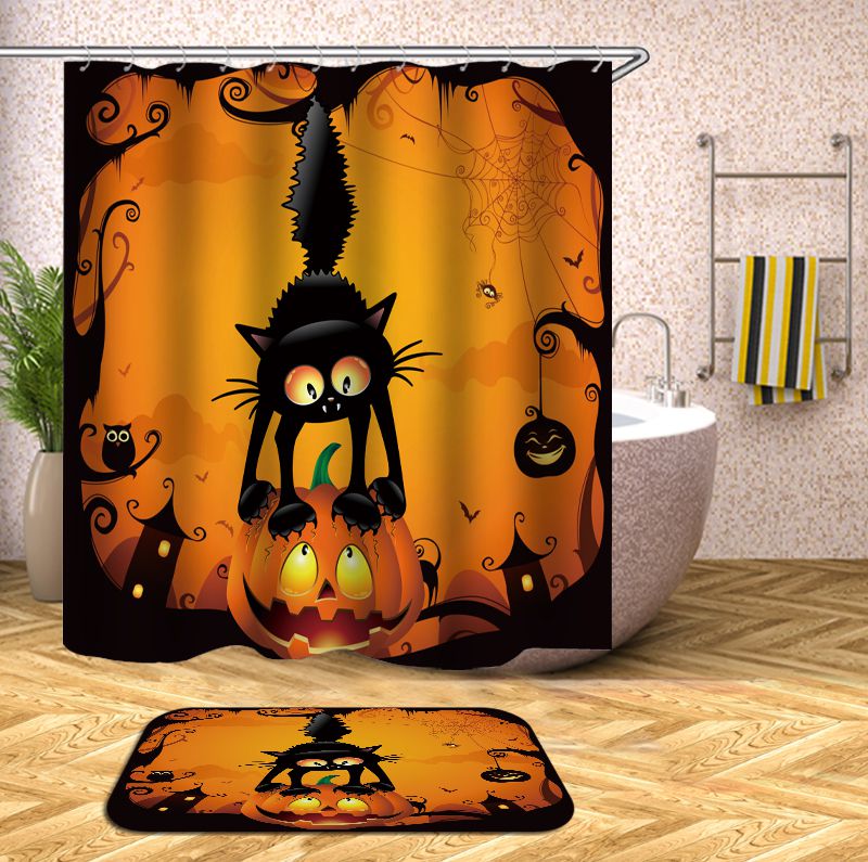 Cartoon Balck Cat Catching Pumpkin Halloween Shower Curtain | Balck Cat Halloween Shower Curtain
