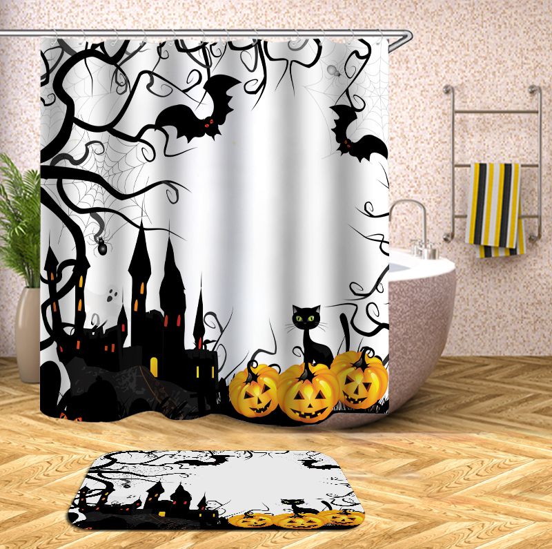 Cartoon Castle Bats Pumpkins Cats Halloween Shower Curtain | Cartoon Halloween Bathroom Curtains