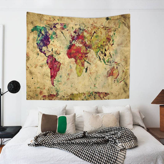 Vintage Yellowing Backgroup Colorful Watercolor World Map Tapestry | Vintage Watercolor World Map Tapestry