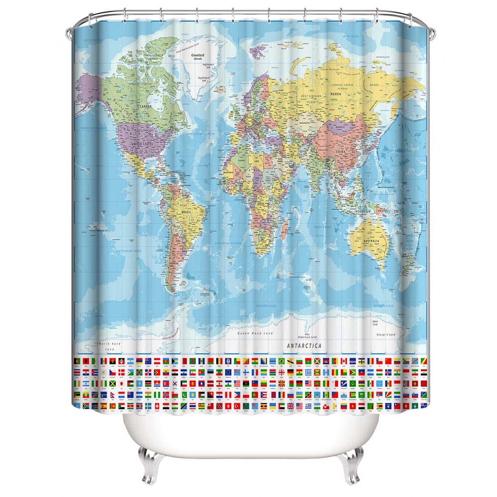 World Map Shower Curtain with National Flag, Geography Educational Style Bathroom Decor