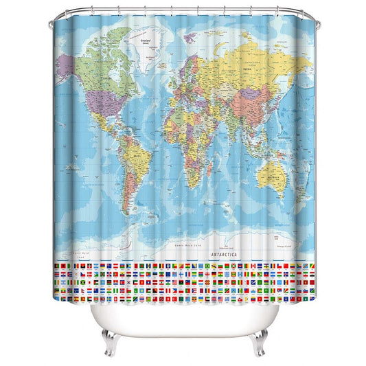 World Map Shower Curtain with National Flag, Geography Educational Style Bathroom Decor