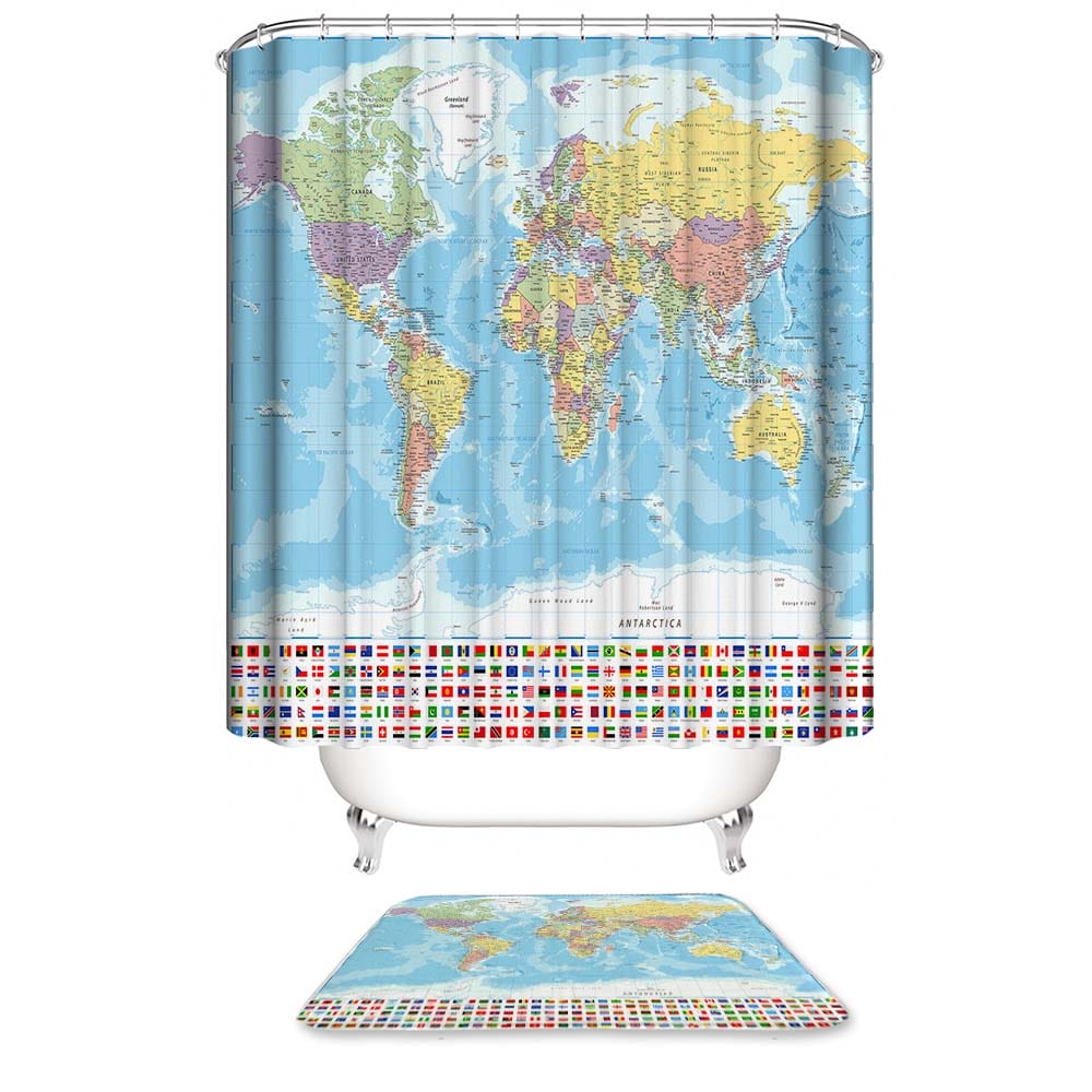 World Map Shower Curtain with National Flag, Geography Educational Style Bathroom Decor